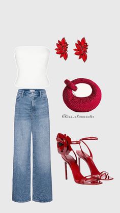 a woman's outfit and accessories including high heeled sandals, red shoes and a white tank top