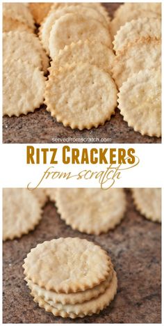 some crackers are stacked on top of each other with the words, ritz crackers from scratch