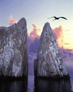 two large rocks sticking out of the water with birds flying over them in front of a cloudy sky