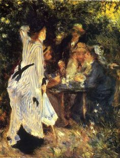 a painting of people sitting at a table in the woods with one woman holding a bird