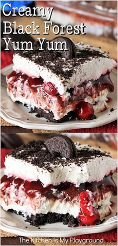 an ice cream dessert with oreo cookies on top and the words creamy black forest yum yum