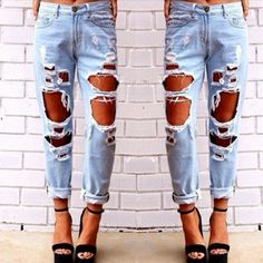 Gender: Women Item Type: Bottoms Fabric: Denim Color: Sky Blue Size: S, M, L, XL Ripped Jeans Women, Denim Decor, Ripped Boyfriend Jeans, Culotte Pants, Moda Jeans, Outfit Jeans, Slim Denim, Jeans Diy, Loose Jeans