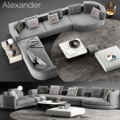 this is an image of a modern living room with grey couches and coffee table