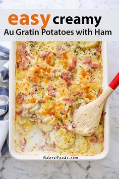 a casserole dish with ham and potatoes in it