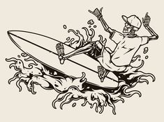 a black and white drawing of a man on a surfboard