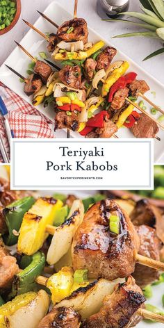 the cover of teriyaki pork kabobs with vegetables and meat on skewers