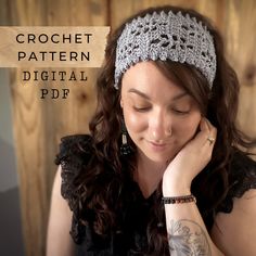 a woman wearing a crochet headband with her hands on her face and the text, crochet pattern digital pdf