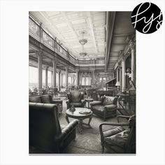 a black and white photo of a living room with couches, tables and chairs