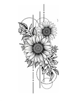 a black and white drawing of sunflowers with leaves on the bottom half of it