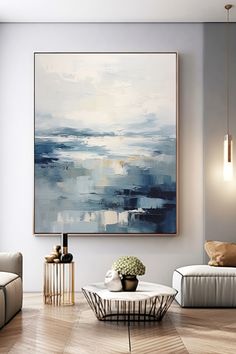 Original handmade oil painting of a serene seascape with misty blue ocean and white sky, reflecting tranquil coastal atmosphere Blue And White Palette, Misty Ocean, Seascapes Art, Ocean Horizon, Abstract Art Painting Techniques, White Palette, Coastal Elegance, Handmade Artwork, Handmade Oil