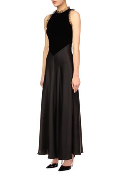 Black Silk Satin & Velvet Dress With Tulle Detail – Rodarte Formal Black A-line Maxi Dress, Evening A-line Velvet Dress, Sleek Silk Evening Dress, Sleek Silk Floor-length Evening Dress, Satin Sleeveless Evening Dress For Black-tie Events, Silk Bias Cut Full-length Maxi Dress, Sleek Full-length Bias-cut Maxi Dress, Silk Fitted Maxi Dress For Black-tie Events, Fitted Satin Evening Dress For Black-tie Events