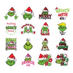 the grino christmas stickers are all in different styles and colors, including santa's hat