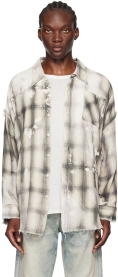 Oversized double-faced cotton gauze shirt. Frayed edges, check pattern, and bleach effect throughout. · Spread collar · Button closure · Patch pocket · Raw edge at droptail hem and cuffs · Dropped shoulders · Single-button barrel cuffs Supplier color: Bleached grey plaid Cotton Gauze Shirt, R13 Denim, Gauze Shirt, Red Wing Boots, Distressed Shirt, Scarf Shirt, Grey Plaid, Check Pattern, Raw Edge