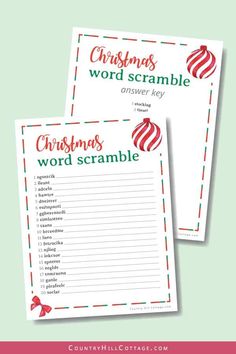 two christmas word scrambles are shown with the words in red, green and white