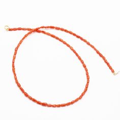 Type of metal: Genuine 18K gold Length: 41cm/16.1inches (including clasp) ※Size is approx. Type of coral: Natural Mediterranean coral (not dyed) Coral size: 3-3.5×4-5mm Shape: Tumble Scratches/dents/cracks: There's slight scratches&dents on the surface 【 All corals dealing in our shop are natural 】 Not dyed, Not treated, Not enhanced. Cut and polish only. Corals have natural scratches and dents and cracks. Please kindly note that as a natural proof. If you have any questions about the product pl Orange Single Strand Red Coral Jewelry, Red Coral Necklace With Lobster Clasp As Gift, Red Coral Necklace With Lobster Clasp For Gift, Orange Round Beaded Necklace With Lobster Clasp, Orange Necklace With Round Beads And Lobster Clasp, Orange Necklaces With Round Beads And Lobster Clasp, Gold Single Strand Red Coral Jewelry, Gold Beaded Necklace With Polished Red Coral, Gold Beaded Necklace With Red Coral Gemstones