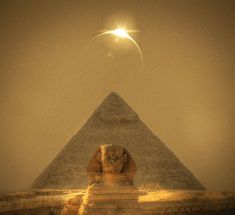 an image of the great sphinx in front of a pyramid with a star above it