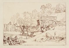 a drawing of animals and people near a water wheel