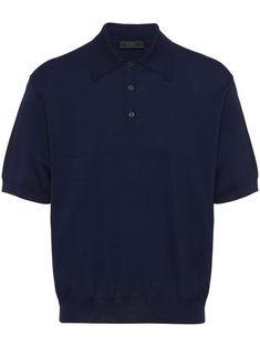 midnight blue cotton logo patch to the rear polo collar front button placket drop shoulder short sleeves ribbed cuffs and hem Luxury Blue Polo Shirt With Spread Collar, Luxury Blue Polo Collar Top, Blue Cotton Polo Collar Shirt, Luxury Navy Collared Polo Shirt, Designer Blue Cotton Polo Shirt, Shirt With Collar, Reebok Club C, Versace Outfit, Balenciaga Triple S