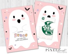 two halloween cards with ghost and starbucks logo on them, one is for booboo