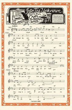 an old sheet music page with words and pictures on the front, in black and white