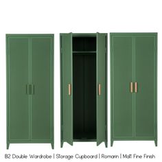 two double wardrobes with cupboards and iron finish handles