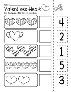 valentine's heart cut and paste the correct number worksheet for preschoolers