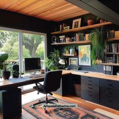 a home office with lots of plants and bookshelves