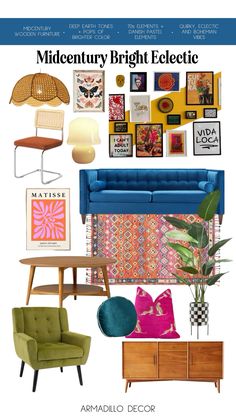 Mid Century Bright Eclectic, Bright Bold Interior Design, Living Room With Teal Sofa, Apartment Decorating Living Room Modern, Boho Living Room Blue Couch, Midcentury Living Rooms, Colorful Mid Century Modern Living Room, Eclectic Decor Office, Jewel Tone Home