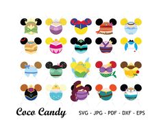 mickey mouse ears and other disney characters are shown in this image with the text, coco candy svg - 5 - df - dxf - eps