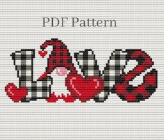 a cross stitch pattern with the word love in red and black letters, on a white background