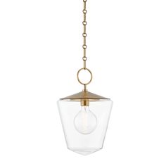 a light fixture hanging from a chain with a clear glass ball on it's end