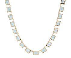 With its stunning, mesmerizing cool tone and fluid design, this Mateo necklace adds a regal vibe to any look. Each of the emerald cut blue topaz is set in an open backed setting of 14K yellow gold and connects to the next one with a tiny 14K yellow gold loop. The continuous strand of stones creates a timeless heirloom which can be worn as a show-stopping solo piece of jewelry or layered with other favorites. total length : 16" : 14K yellow goldblue topaz : 7mm x9mm each 14K yellow gold safety cl Elegant Blue Topaz Faceted Necklaces, Elegant Blue Topaz Faceted Necklace, Elegant Topaz Jewelry With Rectangular Stone, Elegant Rectangular Topaz Stone Jewelry, Formal Fine Jewelry Necklace With Rectangular Stone, Elegant Rectangular Topaz Jewelry, Gold Faceted Blue Topaz Necklaces, Gold Necklace With Faceted Blue Topaz, Elegant Gold Blue Topaz Necklaces