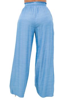 Women's Casual Beach Resort Wear Palazzo Pant with Drawstring Waist Rayon Blend Fit and Care: Machine wash cold with like colors on delicate cycle. Use only non-chlorine bleach if needed. Line dry and warm iron. May dry-clean. Machine Washable Lightweight, soft linen blend fabric, comfortable, breathable Flowy comfortable fit Imported Fabric Content: 55% Rayon 45% Polyester. SKU: MW-2320 Mid-rise Pants For Beach In Summer, Mid-rise Summer Beach Pants, Stretch Denim Bottoms For Vacation, Light Blue Relaxed Fit Bottoms For Day Out, Summer Wide-leg Denim Blue Bottoms, Denim Blue Ankle-length Summer Pants, Summer Denim Blue Wide Leg Pants, Summer Wide-leg Denim Blue Pants, Denim Blue Loungewear Bottoms With Elastic Waistband