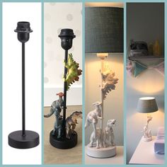 three different pictures of lamps and figurines on the same table, one with a lamp