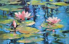 an oil painting of water lilies in a pond