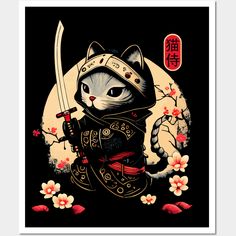 Show your love for Japanese art, samurai ninja warriors and cats with this Samurai Ninja Cat shirt for women, men teens and kids. -- Choose from our vast selection of art prints and posters to match with your desired size to make the perfect print or poster. Pick your favorite: Movies, TV Shows, Art, and so much more! Available in mini, small, medium, large, and extra-large depending on the design. For men, women, and children. Perfect for decoration. Samurai Cat Tattoo, Cat Samurai, Japanese Lettering, Animal Love Quotes, Samurai Style, Samurai Ninja, Animal Print Socks, Japanese Art Samurai, Animal Print Decor