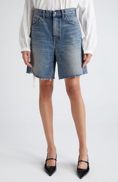 Washed and worn denim cutoffs are cut from pure cotton in a super slouchy fit you'll love. 7" inseam; 24" leg opening; 13" front rise; 16" back rise (size 29) Zip fly with button closure Five-pocket style 100% cotton Dry clean or machine wash, tumble dry Made in the USA of imported fabric Medium Wash Cutoff Shorts With Five Pockets, Everyday Cutoff Jean Shorts With Frayed Hem, Summer Cutoff Rigid Denim Jeans, Summer Cutoff Rigid Denim Bottoms, Mid-rise Rigid Denim Jean Shorts For Summer, Faded Rigid Denim Bottoms For Summer, Summer Mid-rise Rigid Denim Jean Shorts, Distressed Rigid Denim Cutoff Bottoms, Summer Rigid Denim Jean Shorts With Five Pockets