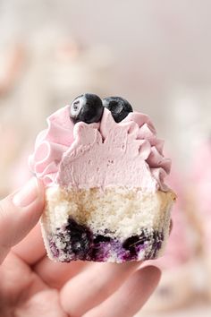 a hand holding a small cupcake with blueberries and cream frosting