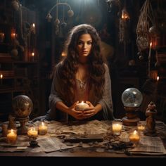 a woman sitting at a table surrounded by candles and other items in front of her