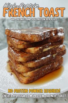 a stack of french toast sitting on top of a white plate