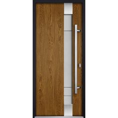 a wooden door with glass and metal handle