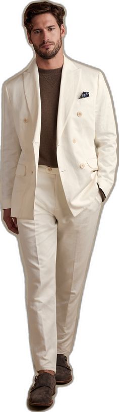 Beige Single Breasted Summer Suits, Beige Single-breasted Summer Suit, White Cotton Summer Suit, Formal Cream Cotton Blazer, Classic Beige Summer Suits, Elegant Summer Suits With Welt Pockets, Classic Solid Color Summer Blazer, Beige Linen Suits With Welt Pockets, Beige Linen Suit With Welt Pockets