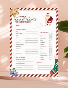 a printable christmas secret santa quiz game on a table next to a potted plant