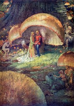 an image of a man and woman in the woods with mushrooms on them, surrounded by other people