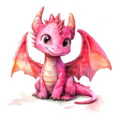 a watercolor drawing of a pink dragon sitting on the ground with its wings spread