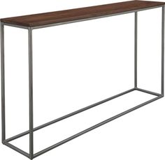 a metal frame and wood top console table