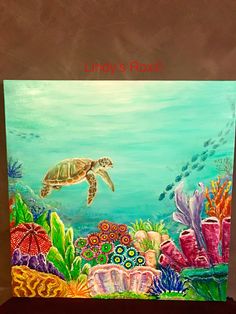 an acrylic painting of a sea turtle swimming in the ocean with corals and other marine life