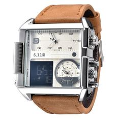 This eye catching OULM men's watch comes in an attractive hue that gives vogue to the overall product. The rectangular watch case is different from what most other watches feature, which makes this piece stand out right away. The watch is made from stainless steel and premium leather, so you can expect it to last a long time. Some of the top features you can expect include LED display, multiple time zones, stop watch and water resistance. It's a unique product that'll enhance your look and lifes Watch Roll Case, Rectangular Watch, Leather Watch Roll, Watch Display Case, Stop Watch, Leather Watch Box, Watch Organizer, Personalized Watches, Time Zones