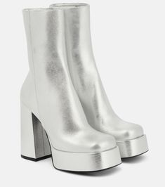 Aevitas Metallic Leather Platform Ankle Boots in Silver - Versace | Mytheresa Metallic Heel Boots, Womens Silver Boots, Silver Boots For Women, Metalllic Boots, Chrome Silver Boots, Versace White Boots, Platform Shoes Sneakers, Versace Sandals, Silver Platforms