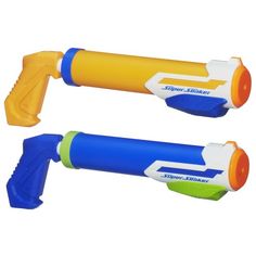 two plastic nerfle toys are shown side by side on a white background, one is yellow and the other is blue